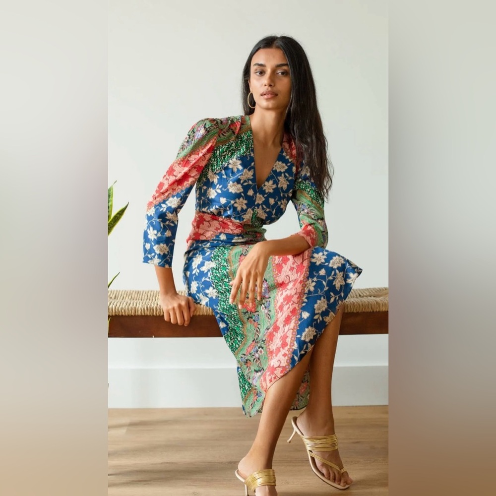 Veronica Beard Mary Ruched Patchwork 3/4 Sleeve Silk Blend Midi Dress - Picture 2 of 15